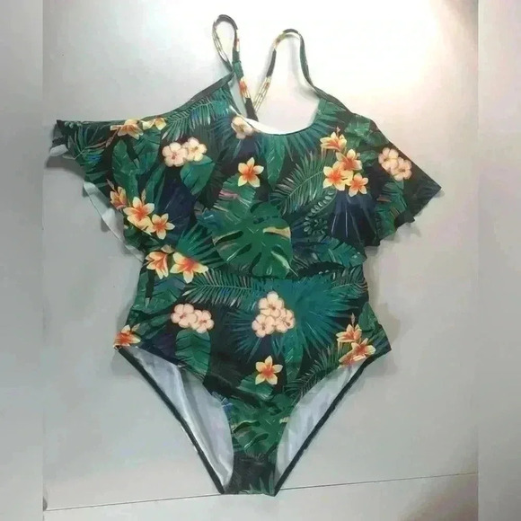 Tropical floral print one piece swimsuit off shoulder ruffle cut out back Large - Picture 2 of 10